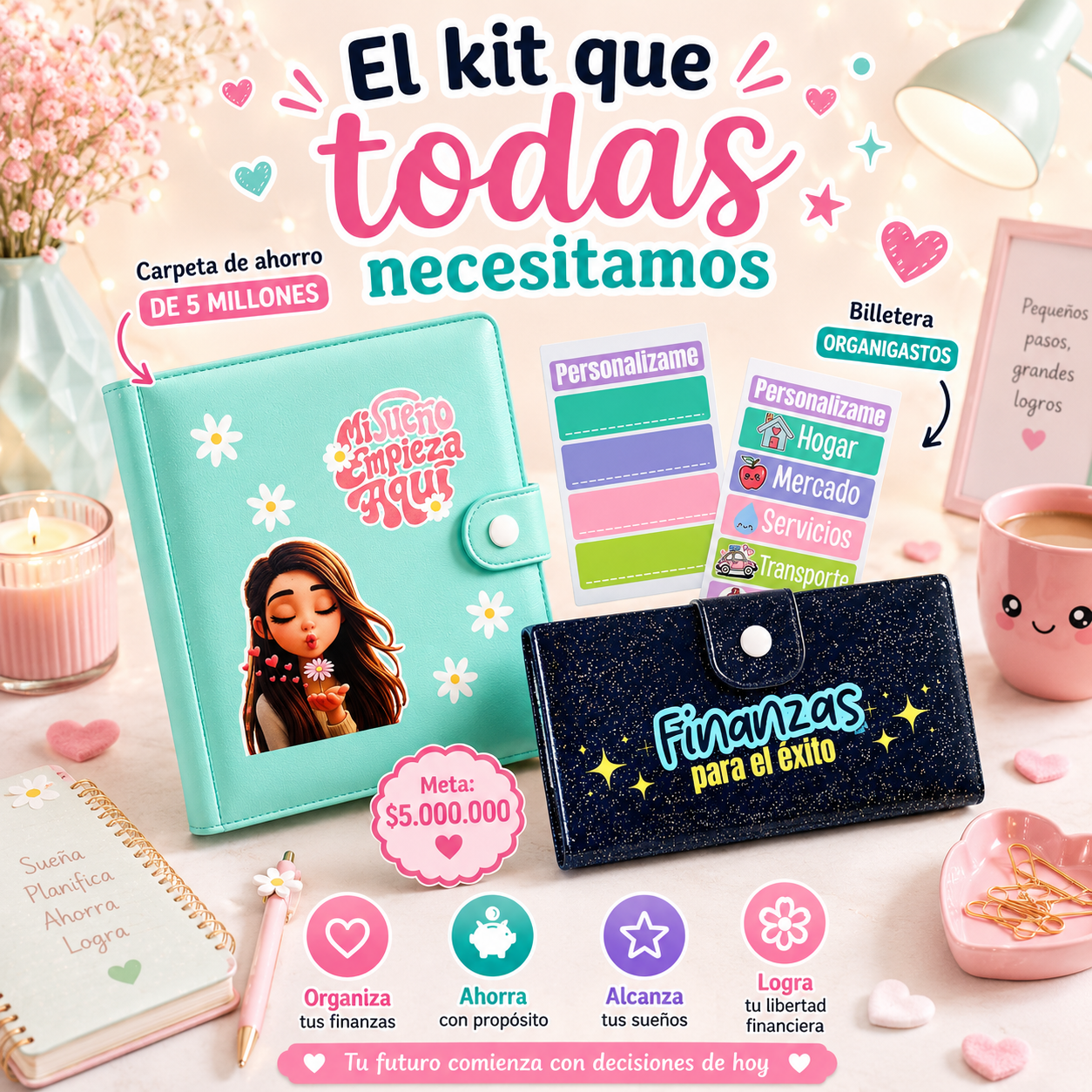 Kit Financiero  (Carpeta Menta y Billetera Negro Brillos)
