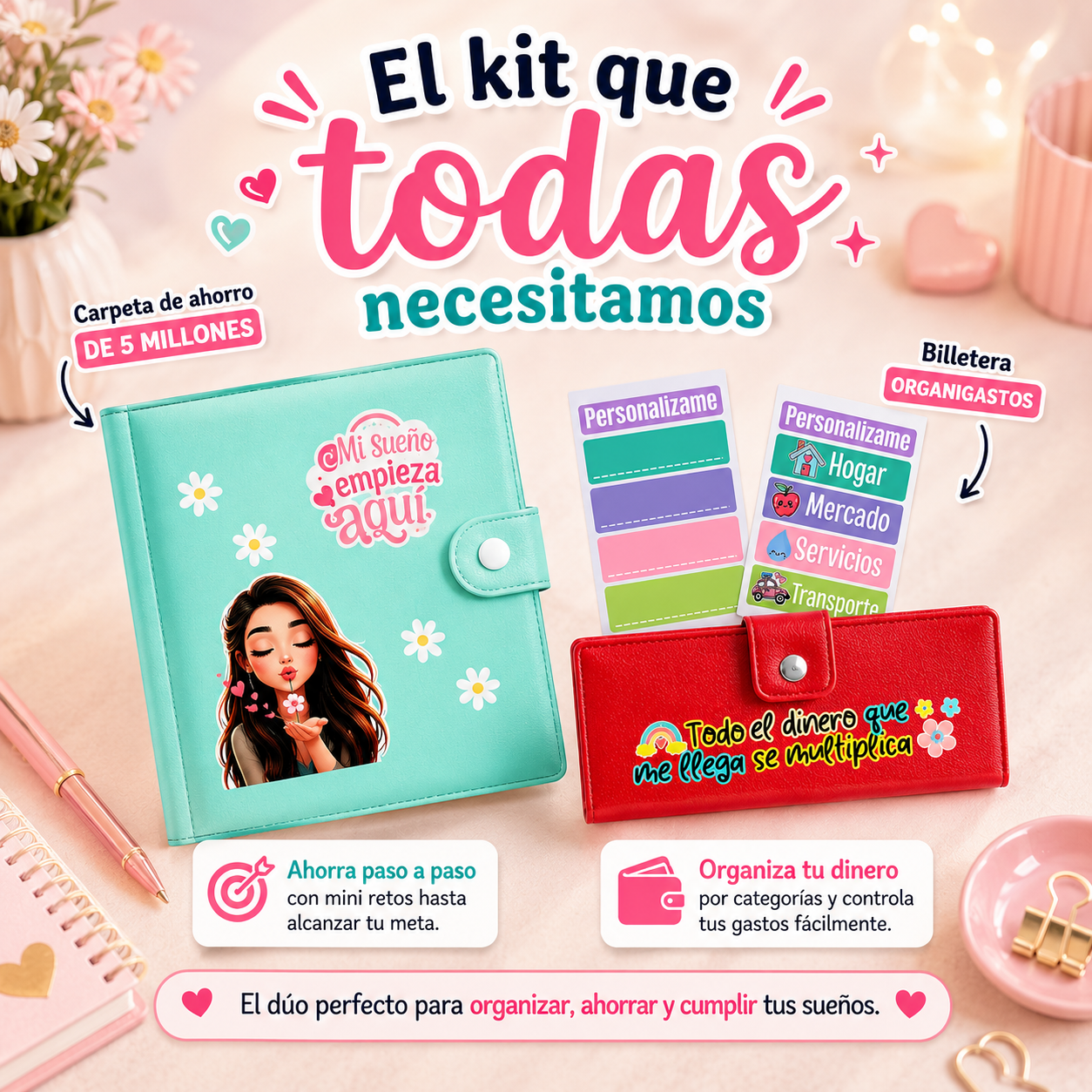 Kit Financiero  (Carpeta Menta y Billetera Roja)
